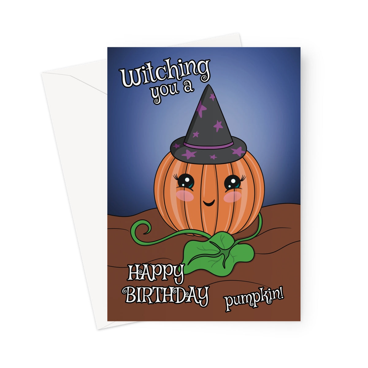 Cute Halloween birthday card featuring a smiling pumpkin in a witch hat with the text “Witching You a Happy Birthday Pumpkin!” on a blue and brown background.