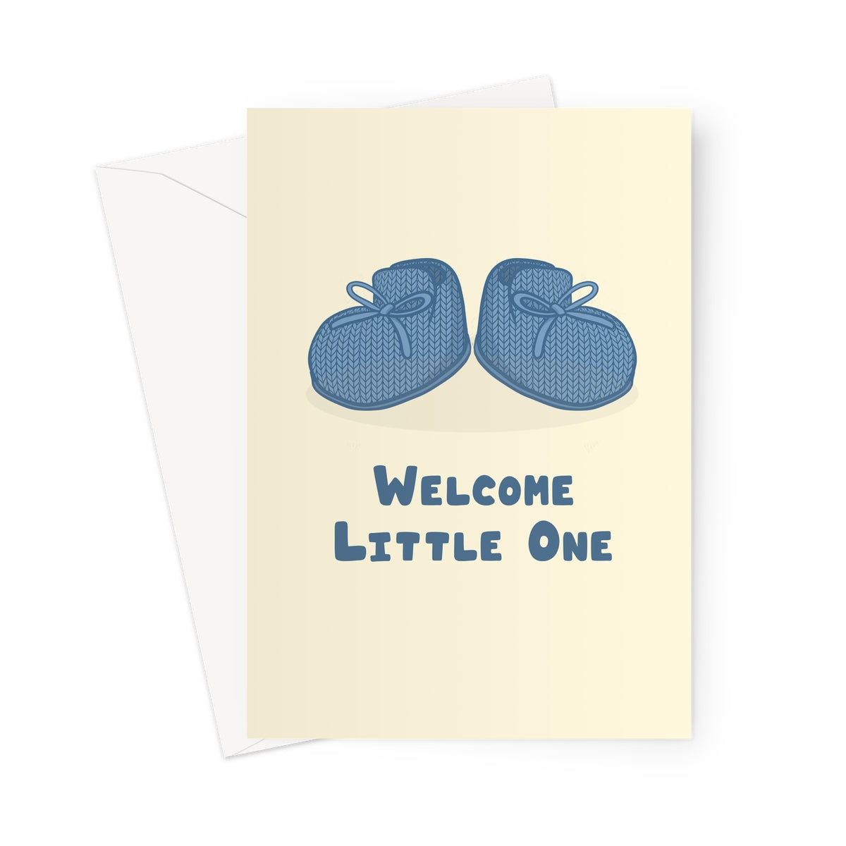 Welcome little one greeting card with illustrated blue knitted baby booties on a cream background