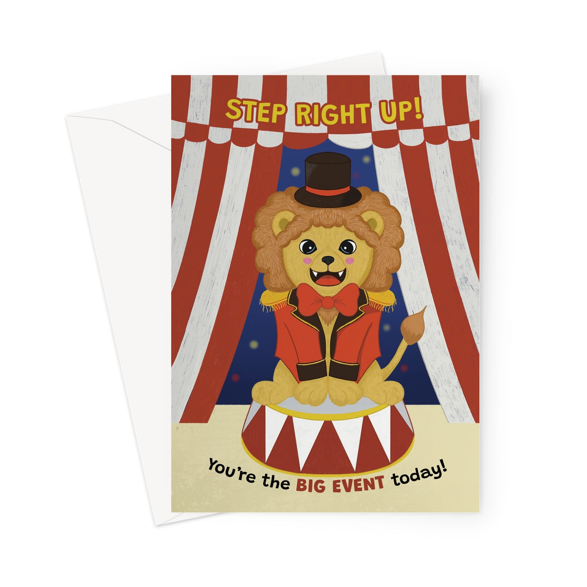 cute circus lion birthday card with ringmaster outfit and big event birthday message