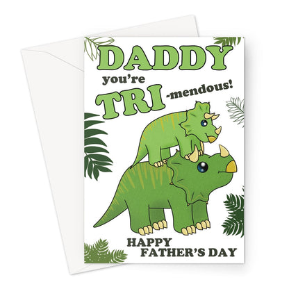 Cute triceratops dinosaur Father’s Day card for dad with “You’re TRI-mendous!” pun and jungle leaves