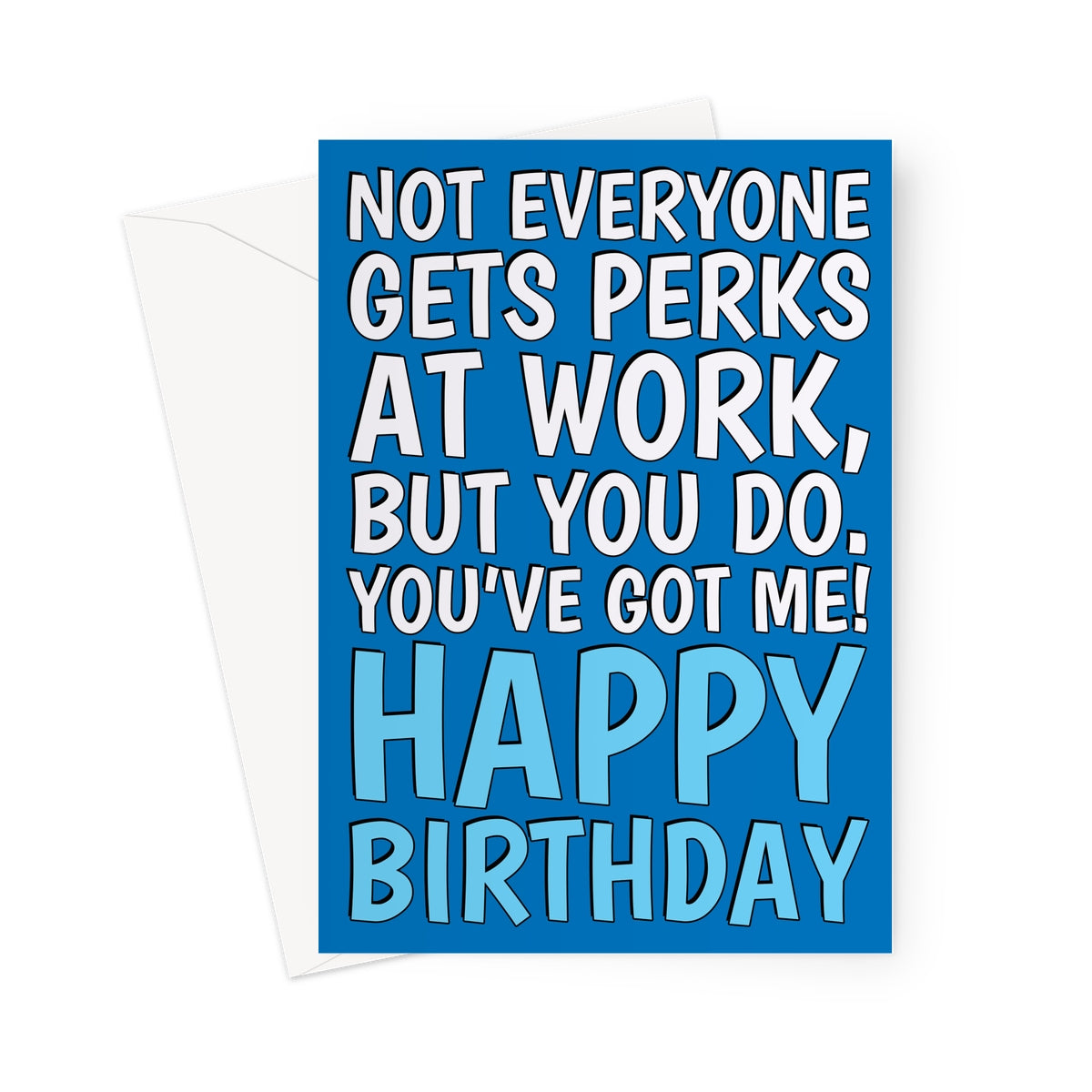 Funny work colleague birthday card with bold blue design and office humour text