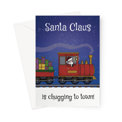 Santa Claus driving a red steam train loaded with Christmas presents at night