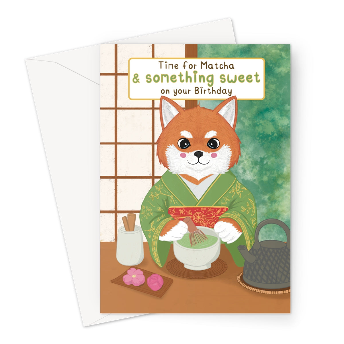 Cute matcha birthday card with fox in kimono making tea with time for matcha birthday message
