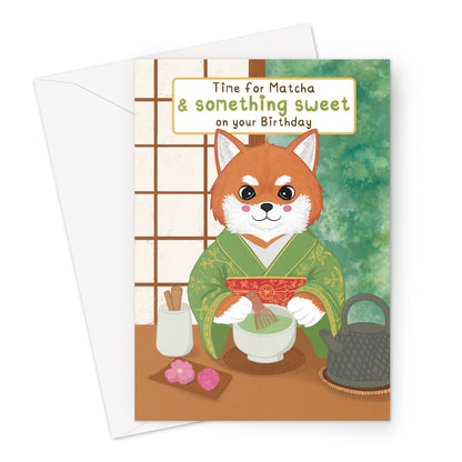 Cute matcha birthday card with fox in kimono making tea with time for matcha birthday message