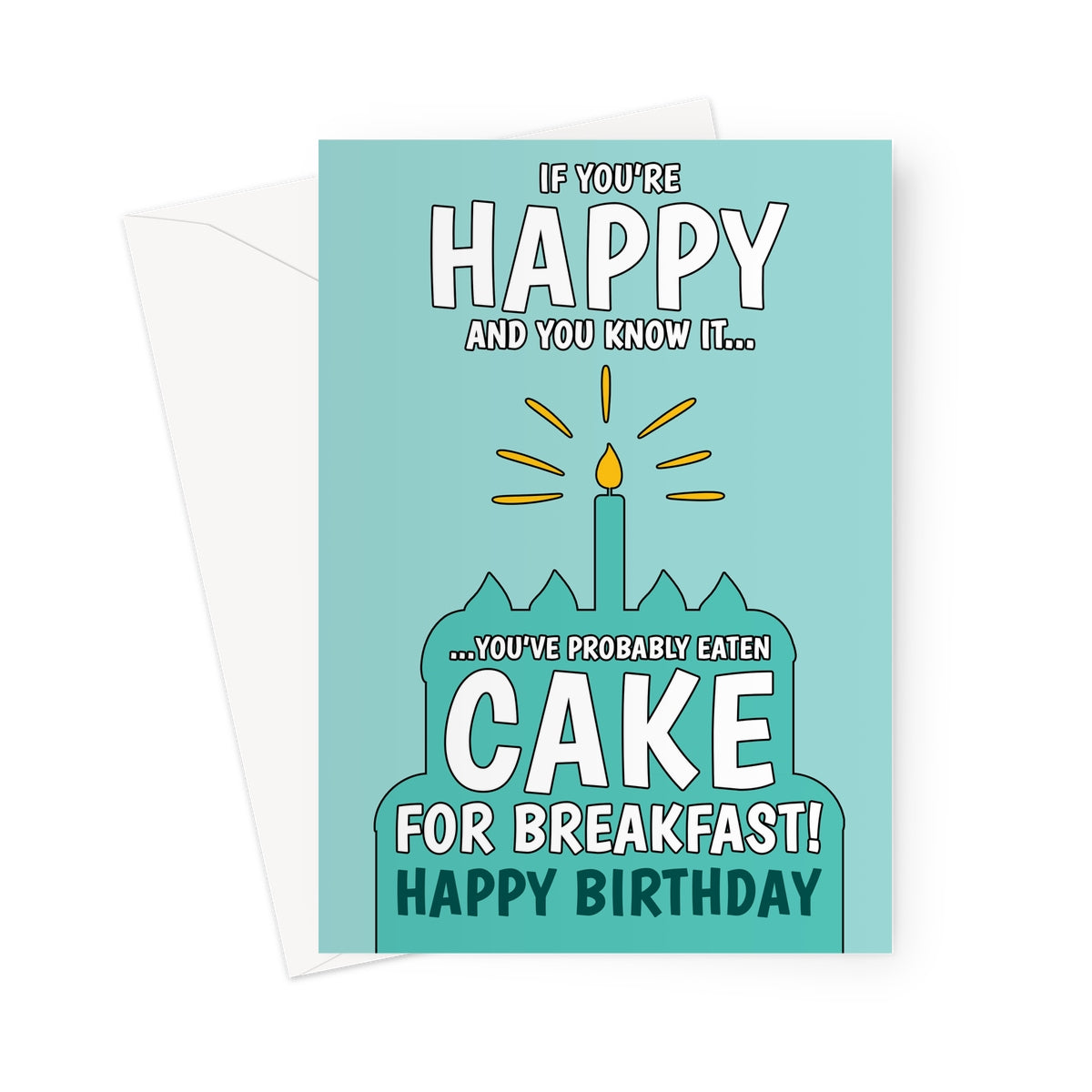 Funny birthday card with teal background, cartoon cake illustration, and the text "If you're happy and you know it... you've probably eaten cake for breakfast! Happy Birthday."