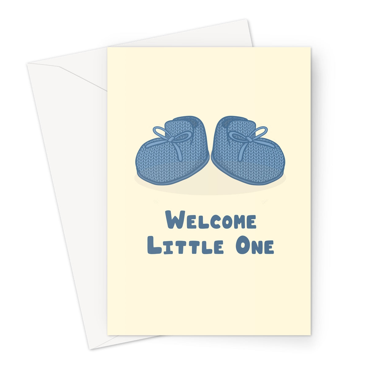 Welcome little one greeting card with illustrated blue knitted baby booties on a cream background