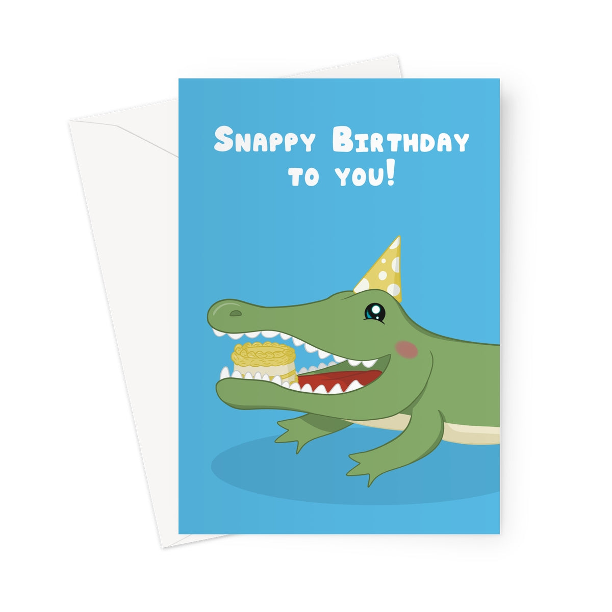 Funny crocodile birthday card wearing a party hat with snappy birthday message and cake on blue background