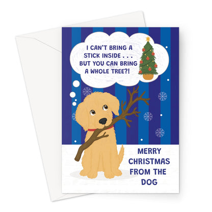funny Christmas card from the dog with golden dog holding a stick and Christmas tree joke