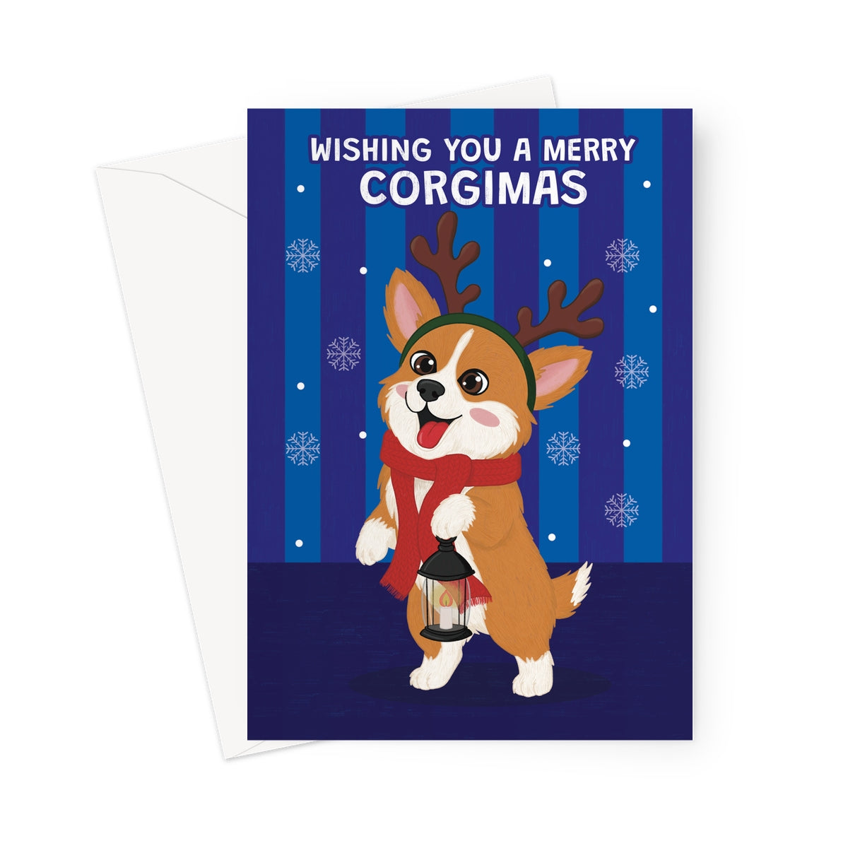 funny corgi Christmas card with dog wearing reindeer antlers red scarf and merry Corgimas message