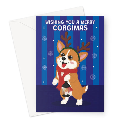 funny corgi Christmas card with dog wearing reindeer antlers red scarf and merry Corgimas message