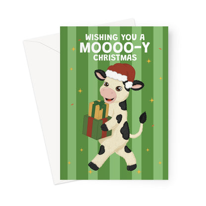 funny cow Christmas card with cow wearing Santa hat carrying presents and moooo-y Christmas message