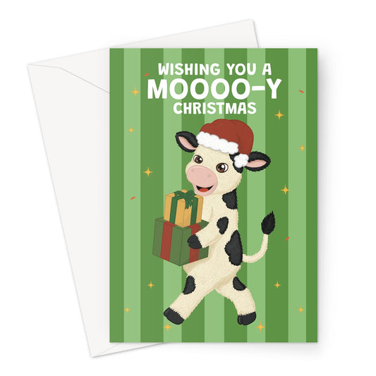 funny cow Christmas card with cow wearing Santa hat carrying presents and moooo-y Christmas message