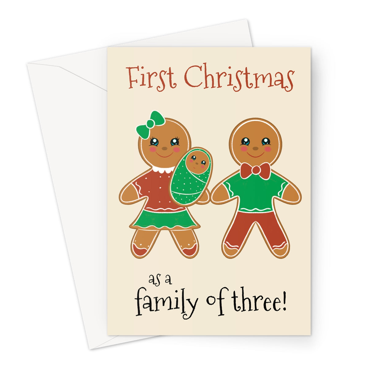 Same sex gingerbread family Christmas card with two parents and baby illustration
