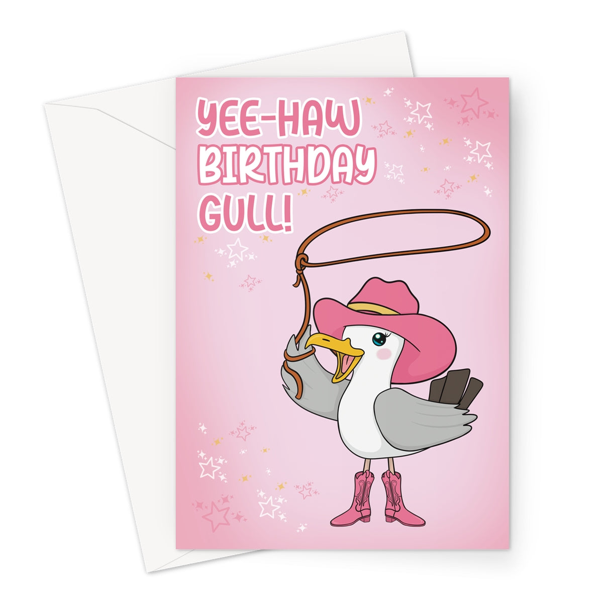 Funny birthday card with cartoon seagull wearing a pink cowboy hat and boots, holding a lasso. Text reads “Yee-Haw Birthday Gull!” on pink starry background.