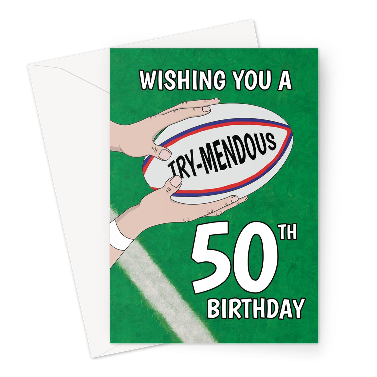 50th rugby birthday card with try-mendous rugby ball design on green pitch background