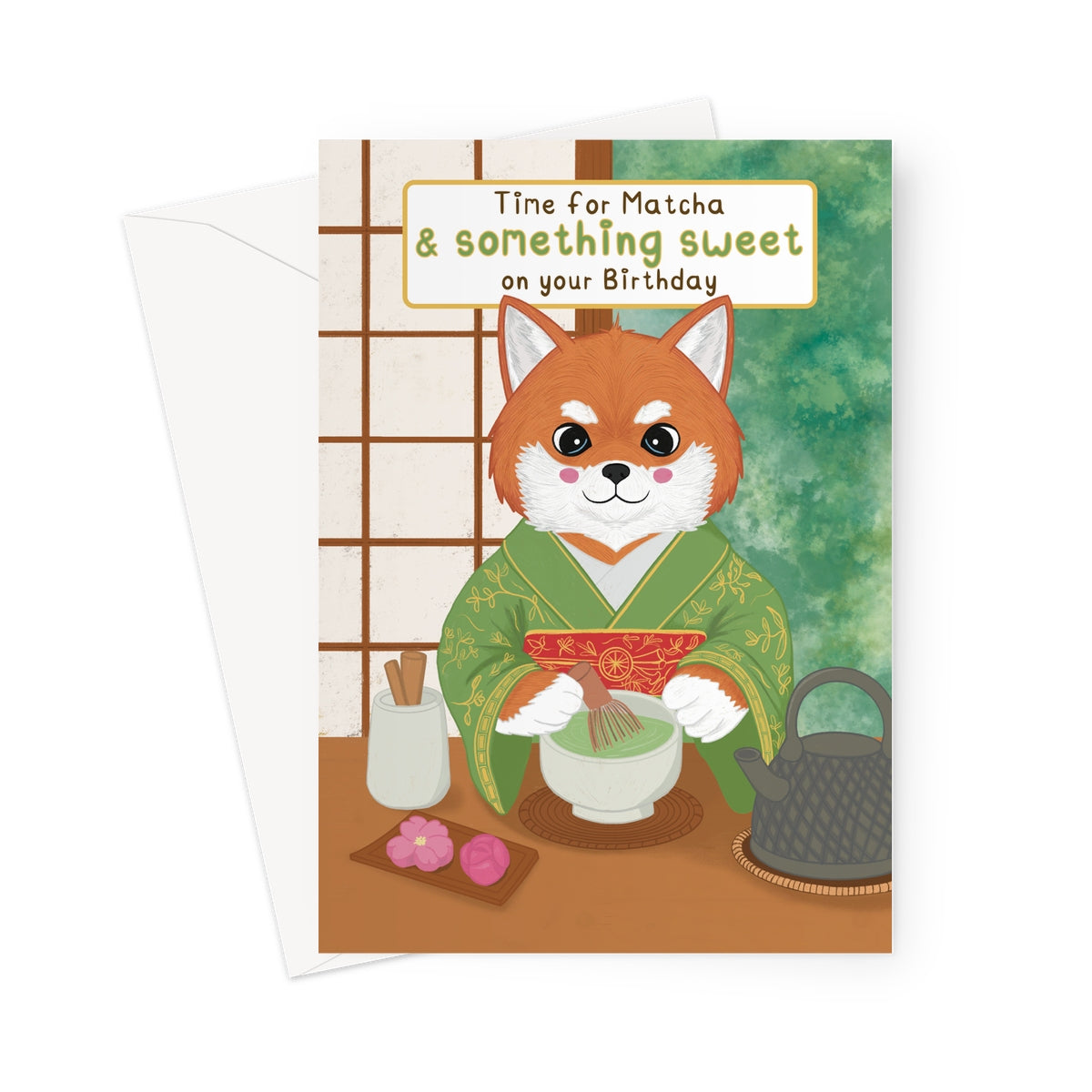 Cute matcha birthday card with fox in kimono making tea with time for matcha birthday message