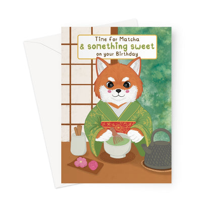 Cute matcha birthday card with fox in kimono making tea with time for matcha birthday message