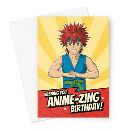 Funny anime birthday card featuring a red-haired manga character with bold text saying “Wishing You an Anime-zing Birthday!”
