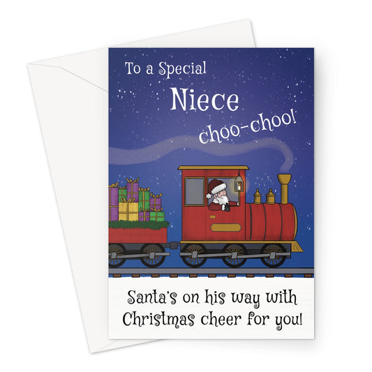 Christmas card for niece with Santa on a red train carrying gifts through a snowy night. Text reads “To a Special Niece Choo-Choo! Santa’s on his way with Christmas cheer for you.”