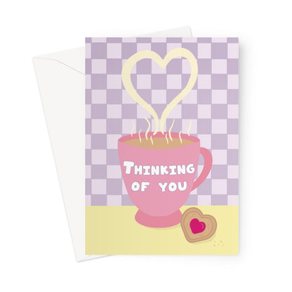 Thinking of you card showing a pink coffee cup with heart-shaped steam and a biscuit on a pastel background