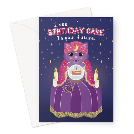 Cute fortune teller cat birthday card with crystal ball and birthday cake prediction on starry night background