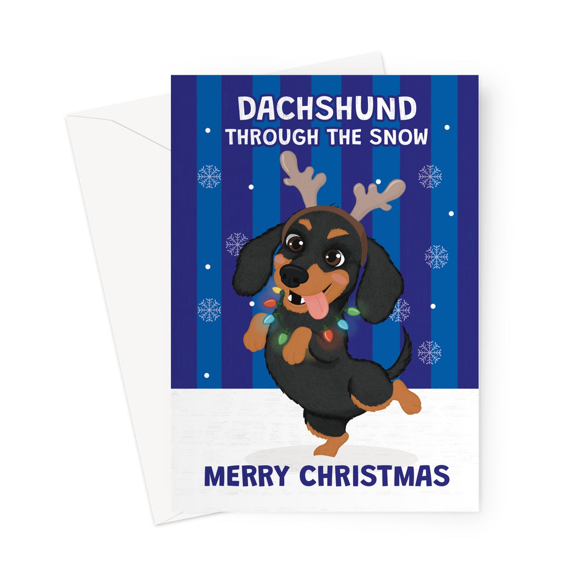 funny dachshund Christmas card with dog wearing reindeer antlers and festive lights