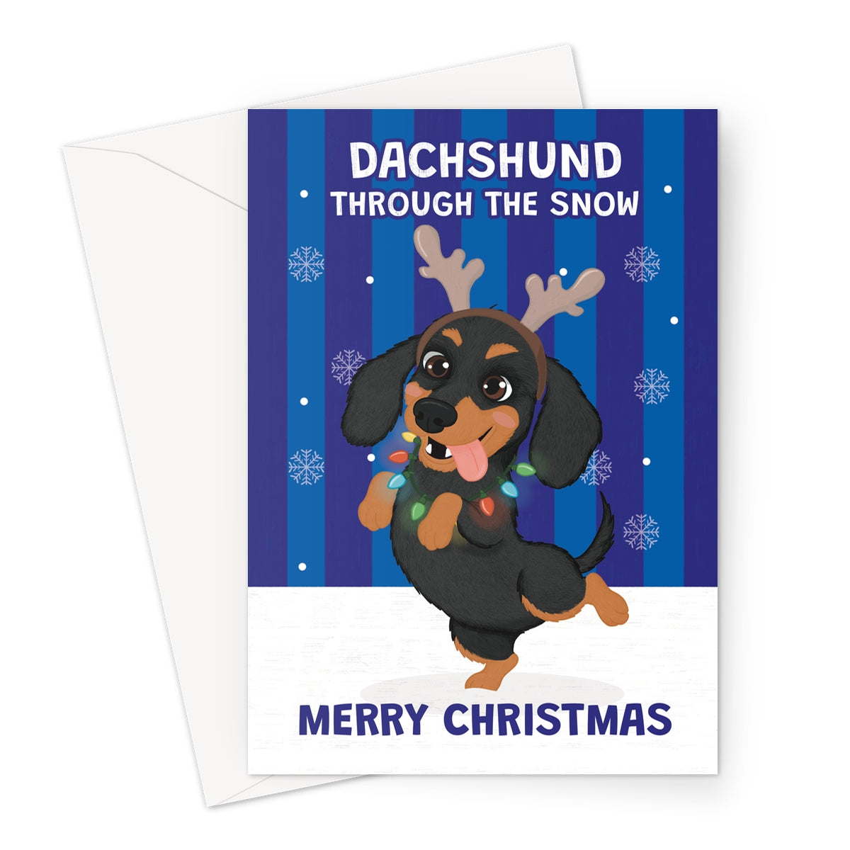 funny dachshund Christmas card with dog wearing reindeer antlers and festive lights
