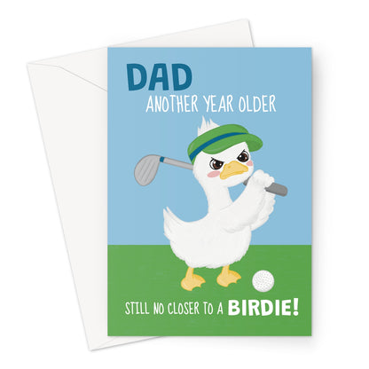 funny dad golf birthday card with duck holding golf club and still no closer to a birdie joke