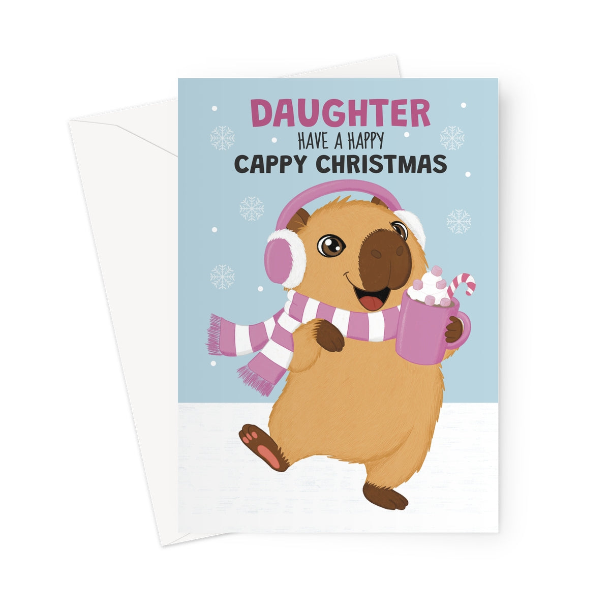 daughter Christmas card with cute capybara wearing pink earmuffs and scarf holding hot chocolate