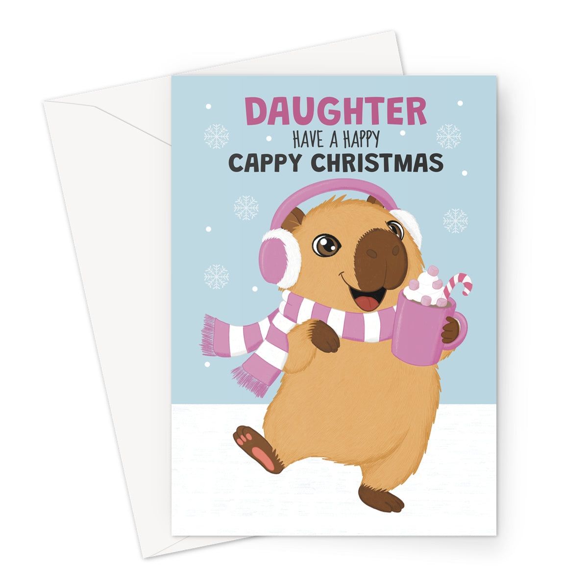 daughter Christmas card with cute capybara wearing pink earmuffs and scarf holding hot chocolate