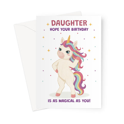 daughter unicorn birthday card with rainbow mane stars and hope your birthday is as magical as you message