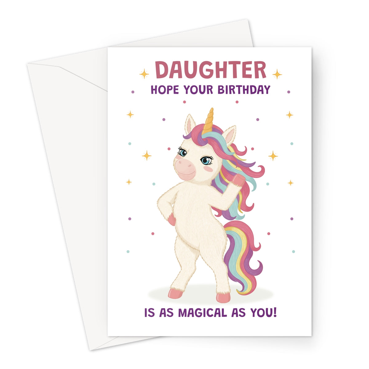 daughter unicorn birthday card with rainbow mane stars and hope your birthday is as magical as you message