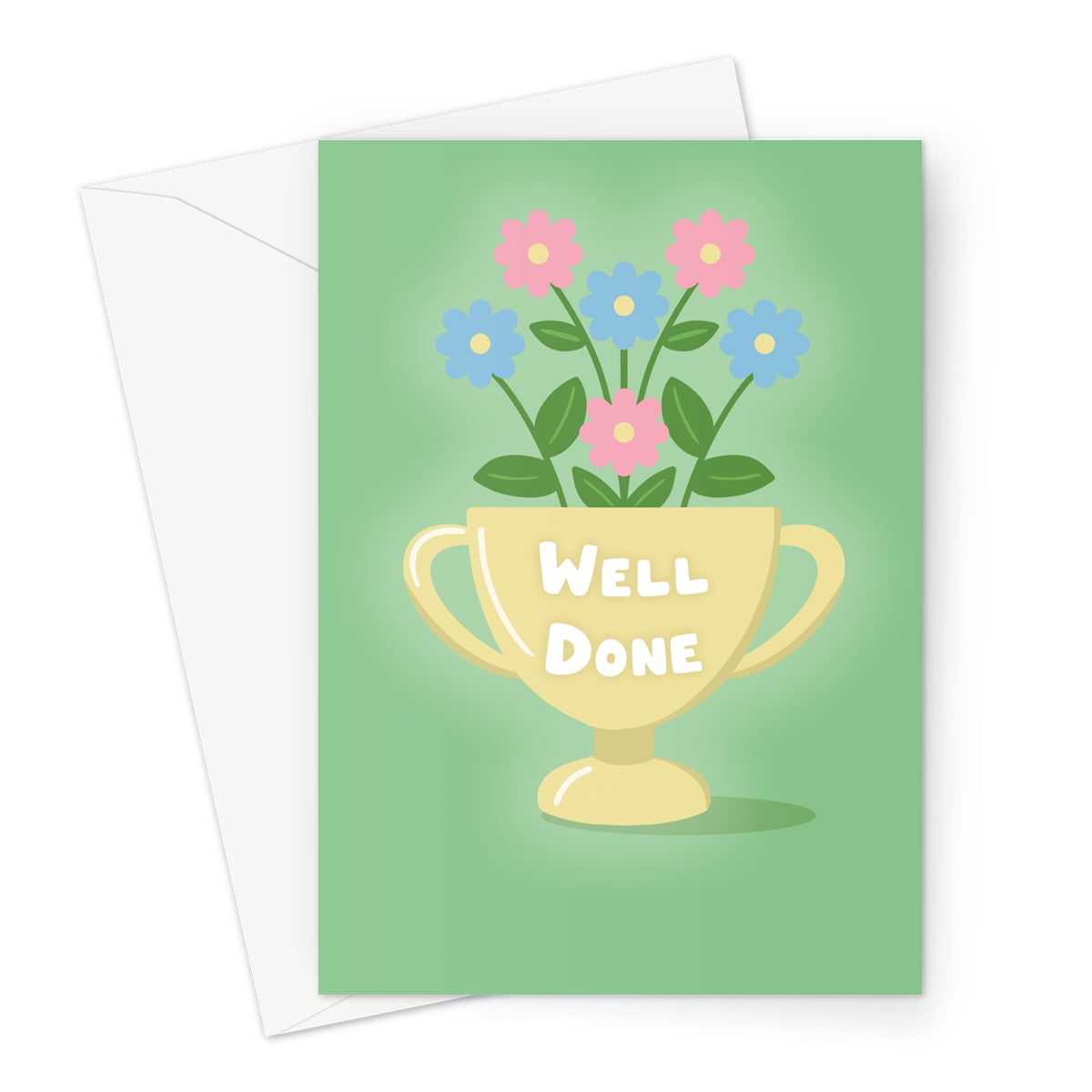 Well done greeting card with illustrated gold trophy and pastel flowers on a green background