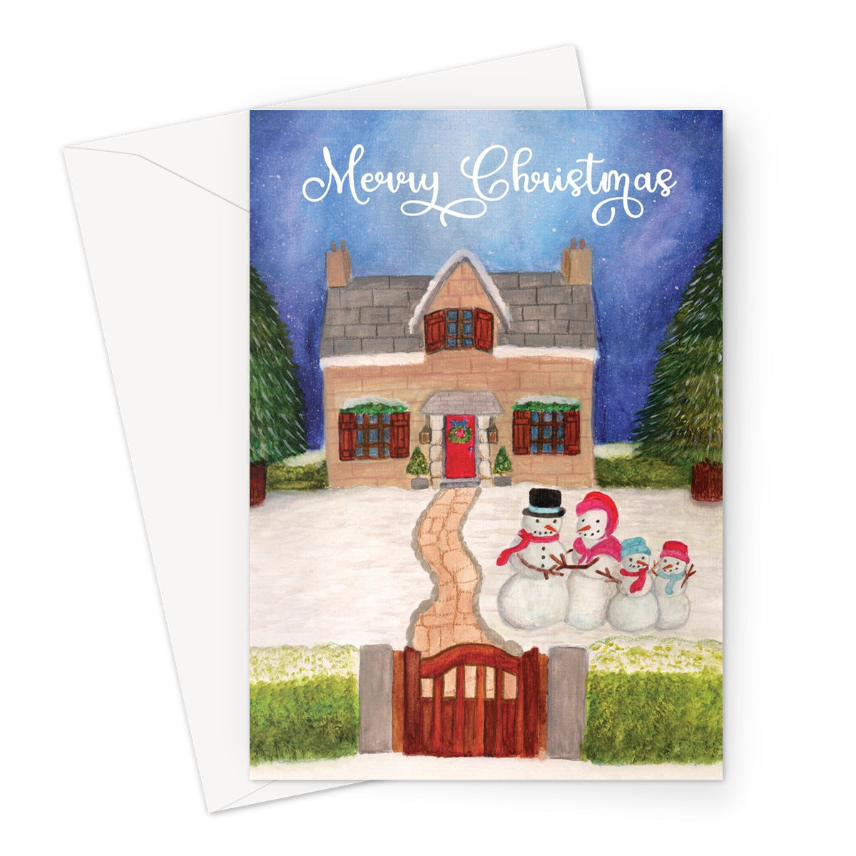 Illustrated Christmas card with a snow-covered cottage, red door, and smiling snowman family in the garden.