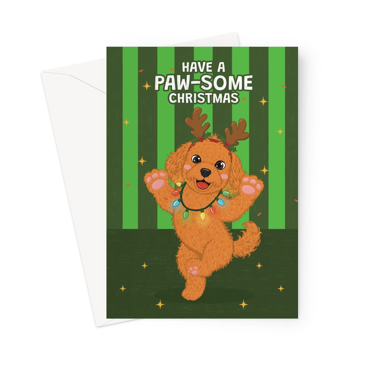 A Christmas greeting card featuring a cartoon brown dog dressed as a reindeer with the text 'HAVE A PAW-SOME CHRISTMAS' on a green striped background, shown with a white envelope behind it.