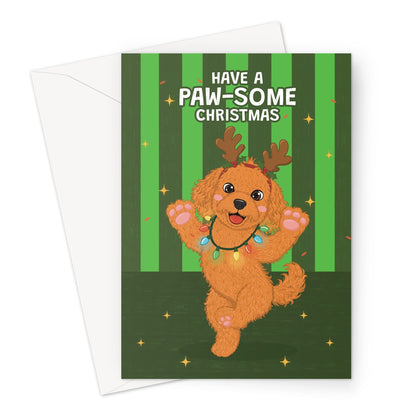 cute dog Christmas card with fluffy dog wearing reindeer antlers and Christmas lights with paw-some Christmas message