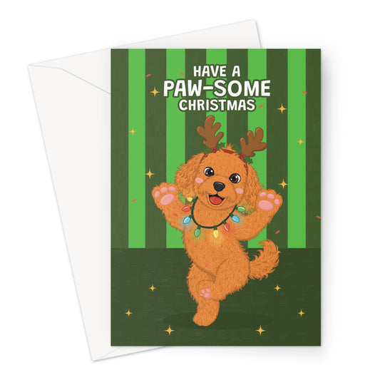 cute dog Christmas card with fluffy dog wearing reindeer antlers and Christmas lights with paw-some Christmas message