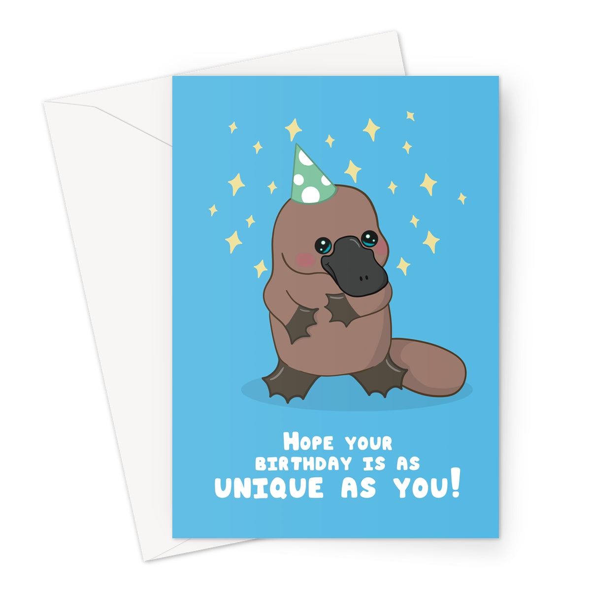 Cute platypus birthday card wearing a party hat with unique birthday message on blue background