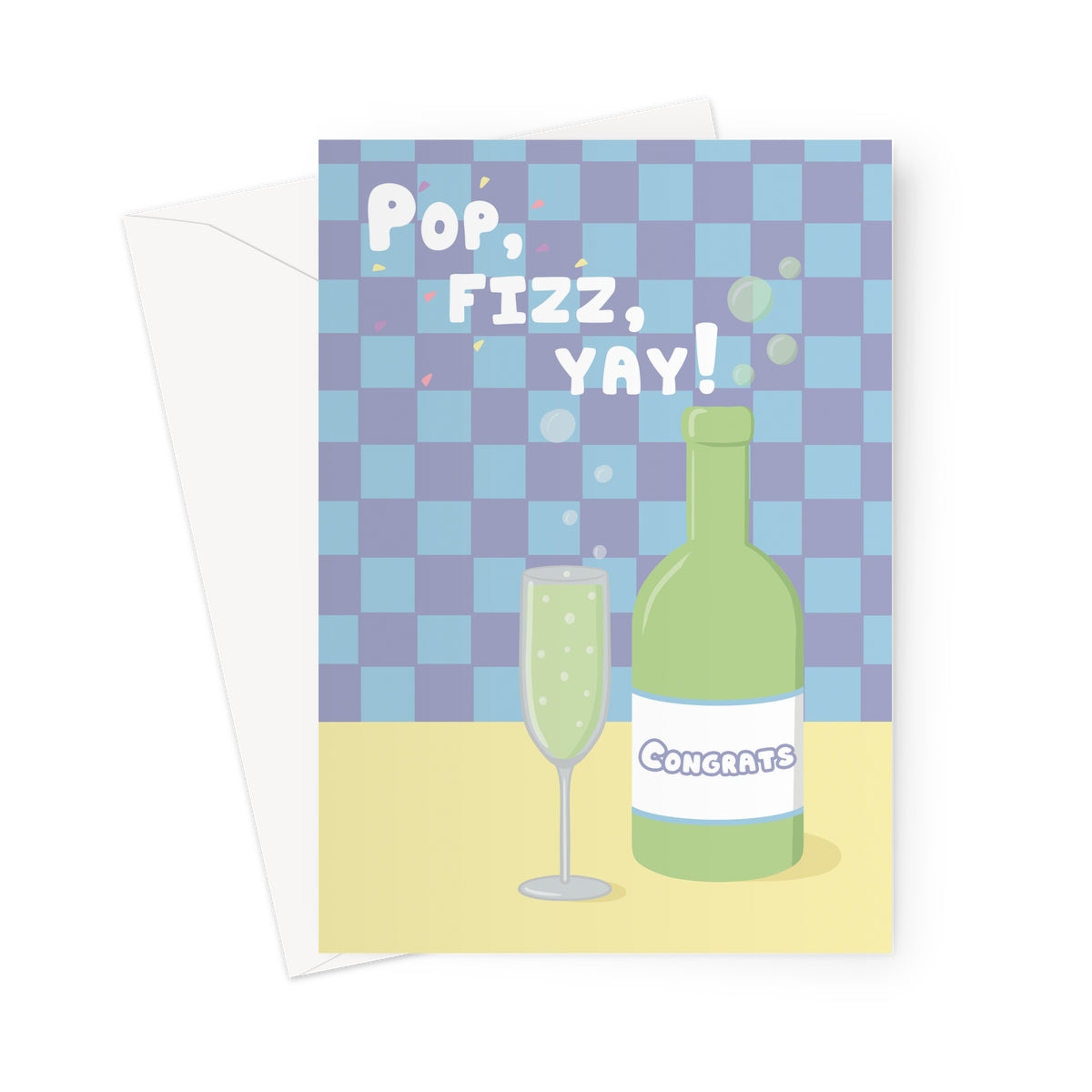 Pastel congratulations card with champagne bottle and glass illustration and the text Pop Fizz Yay
