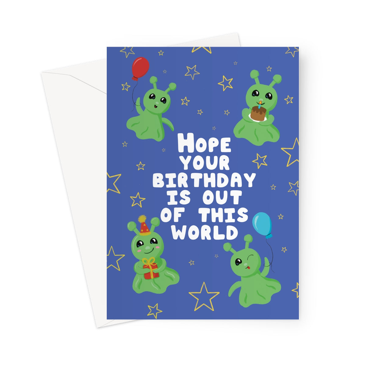 Out of this world birthday card with cute green aliens, balloons, stars and birthday cake on a blue background