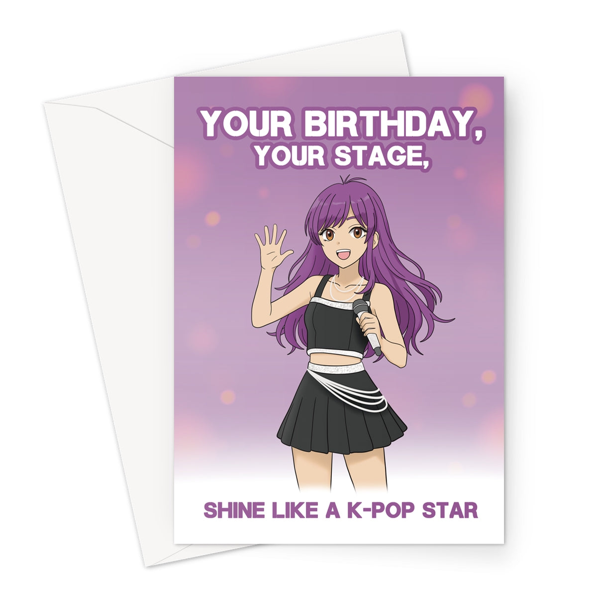 K-pop birthday card featuring an anime-style girl singer with purple hair and the text Shine Like a K-Pop Star