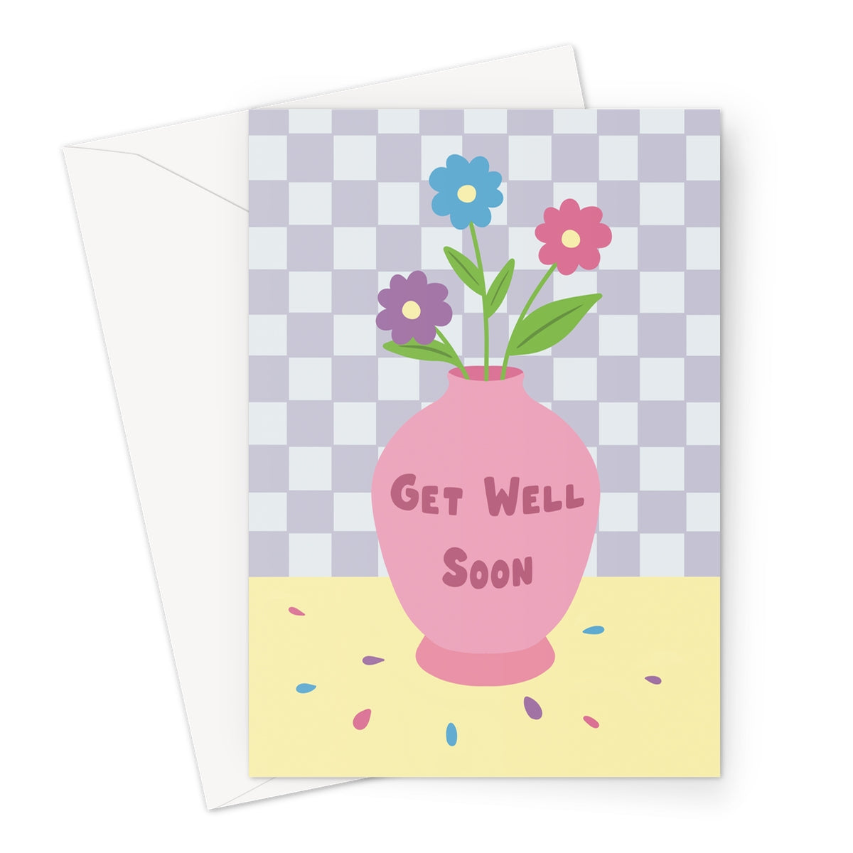 Pastel get well soon card with colourful flowers in a pink vase on a soft checkered background