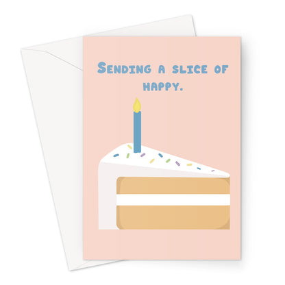 Sending a slice of happy birthday card with illustrated cake slice and candle on a pastel pink background