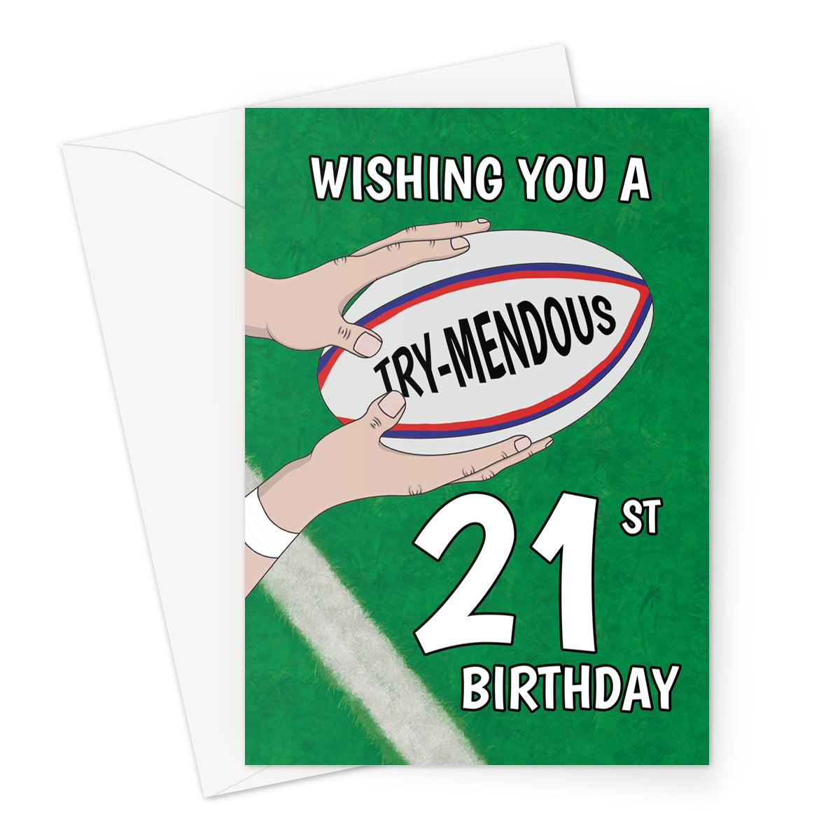 21st rugby birthday card with try-mendous rugby ball design on green pitch