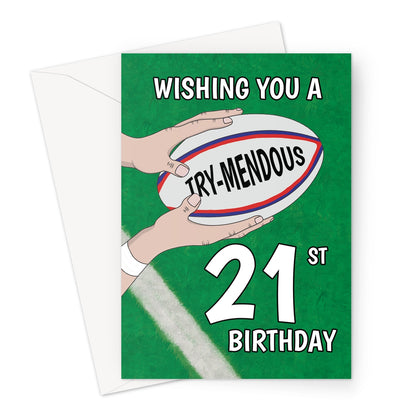 21st rugby birthday card with try-mendous rugby ball design on green pitch