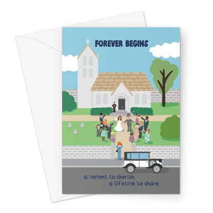 Illustrated card showing newlyweds leaving a church with guests throwing confetti and a vintage wedding car, titled “Forever Begins”.