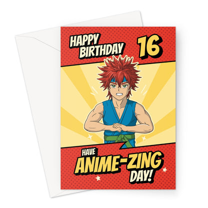 Funny anime 16th birthday card featuring red-haired manga character and text “Happy Birthday 16 – Have an Anime-zing Day!”