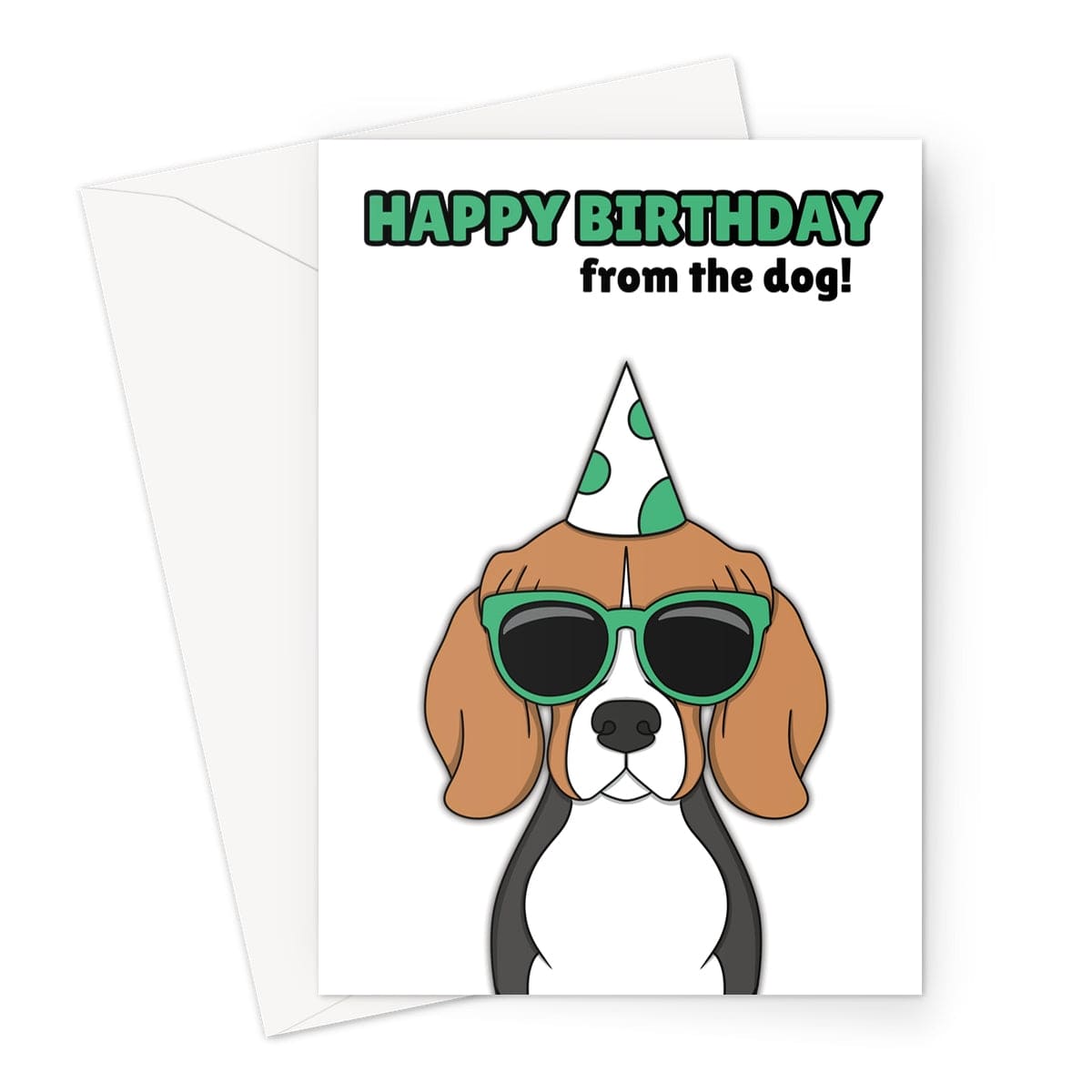 Beagle birthday card with sunglasses and party hat – “Happy Birthday from the dog!”