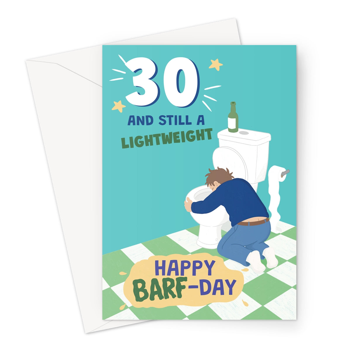 funny 30th birthday card for him with man being sick in toilet and lightweight barf-day joke