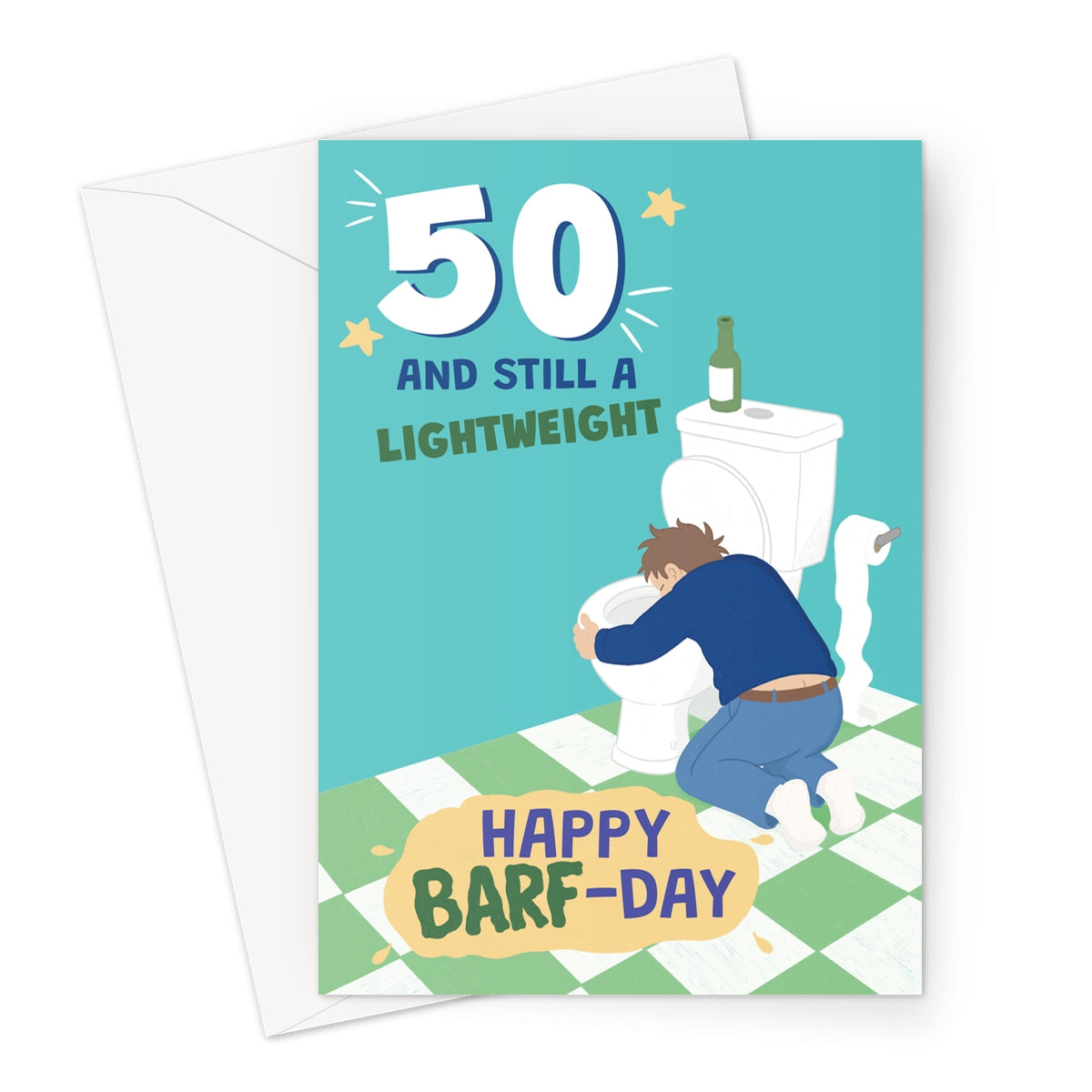 funny 50th birthday card for him with man being sick in toilet and lightweight barf-day joke